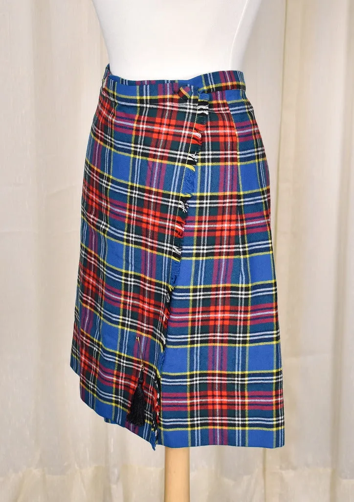 1960s Vintage Blue Plaid Kilt Skirt