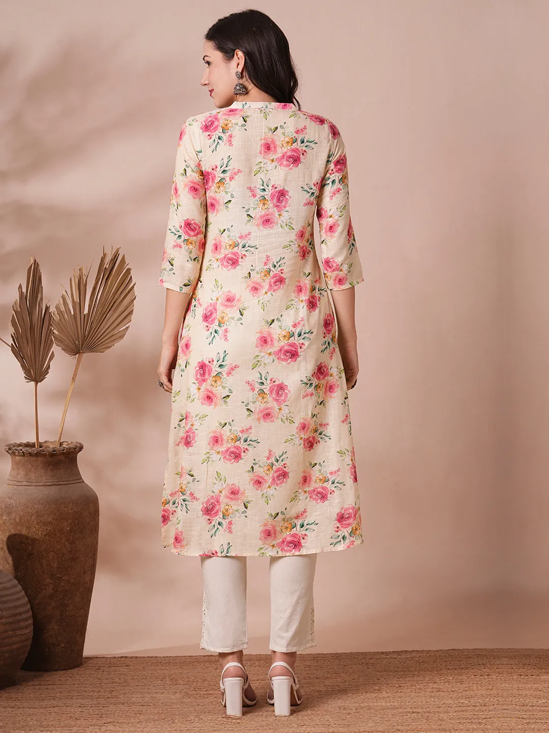 Abstract Floral Printed A-Line Cotton Flax Kurta - Cream