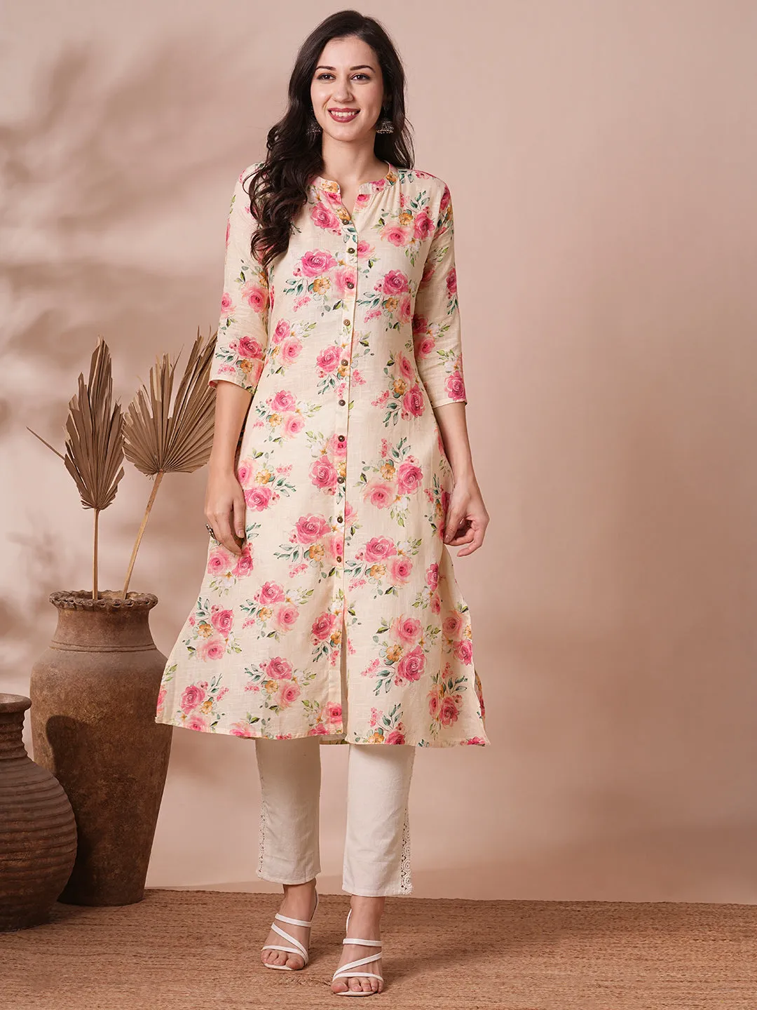 Abstract Floral Printed A-Line Cotton Flax Kurta - Cream