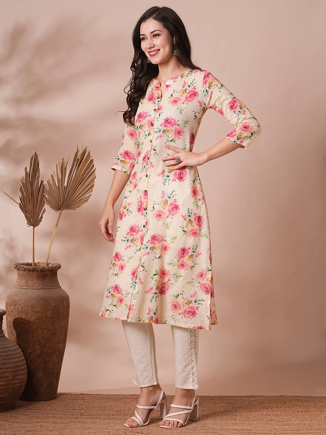 Abstract Floral Printed A-Line Cotton Flax Kurta - Cream