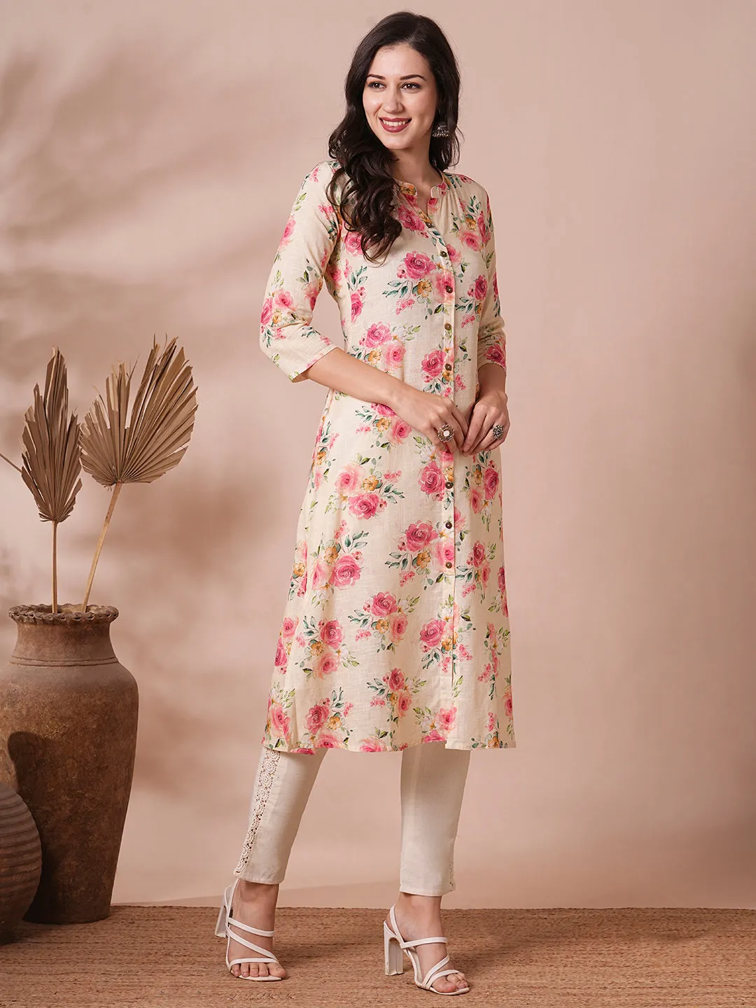 Abstract Floral Printed A-Line Cotton Flax Kurta - Cream