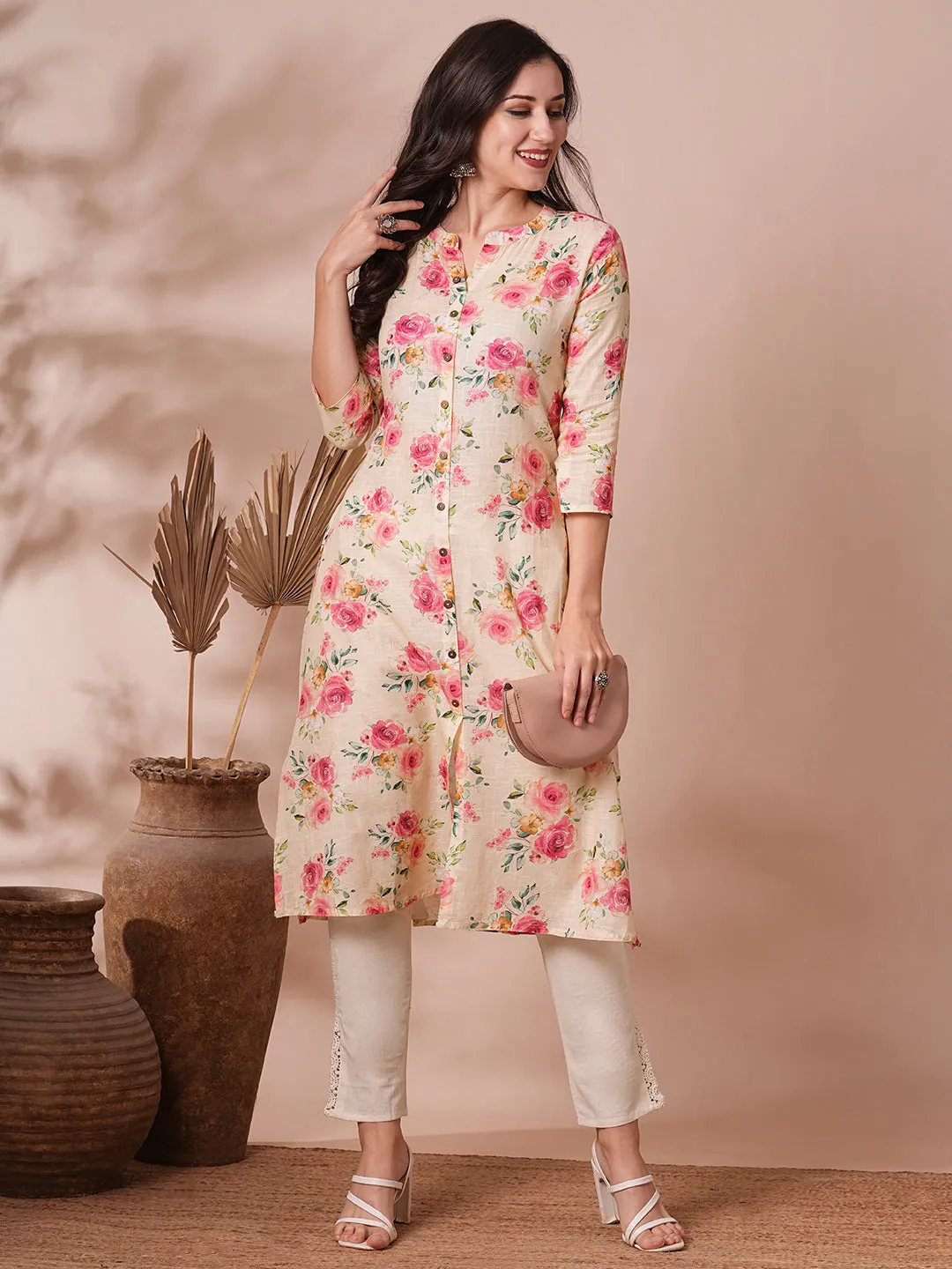 Abstract Floral Printed A-Line Cotton Flax Kurta - Cream