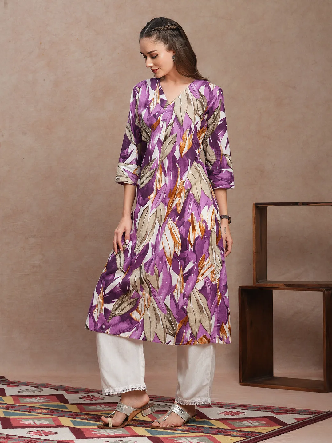 Abstract Floral Printed A-Line Kurta - Purple