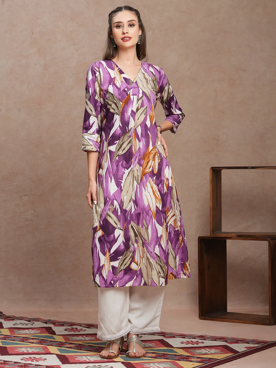 Abstract Floral Printed A-Line Kurta - Purple