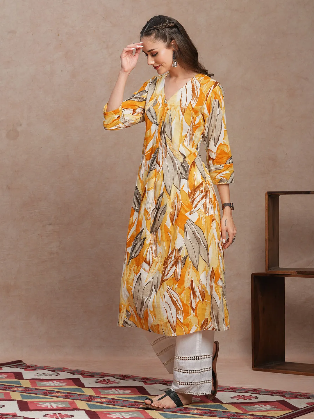 Abstract Floral Printed A-Line Kurta - Yellow