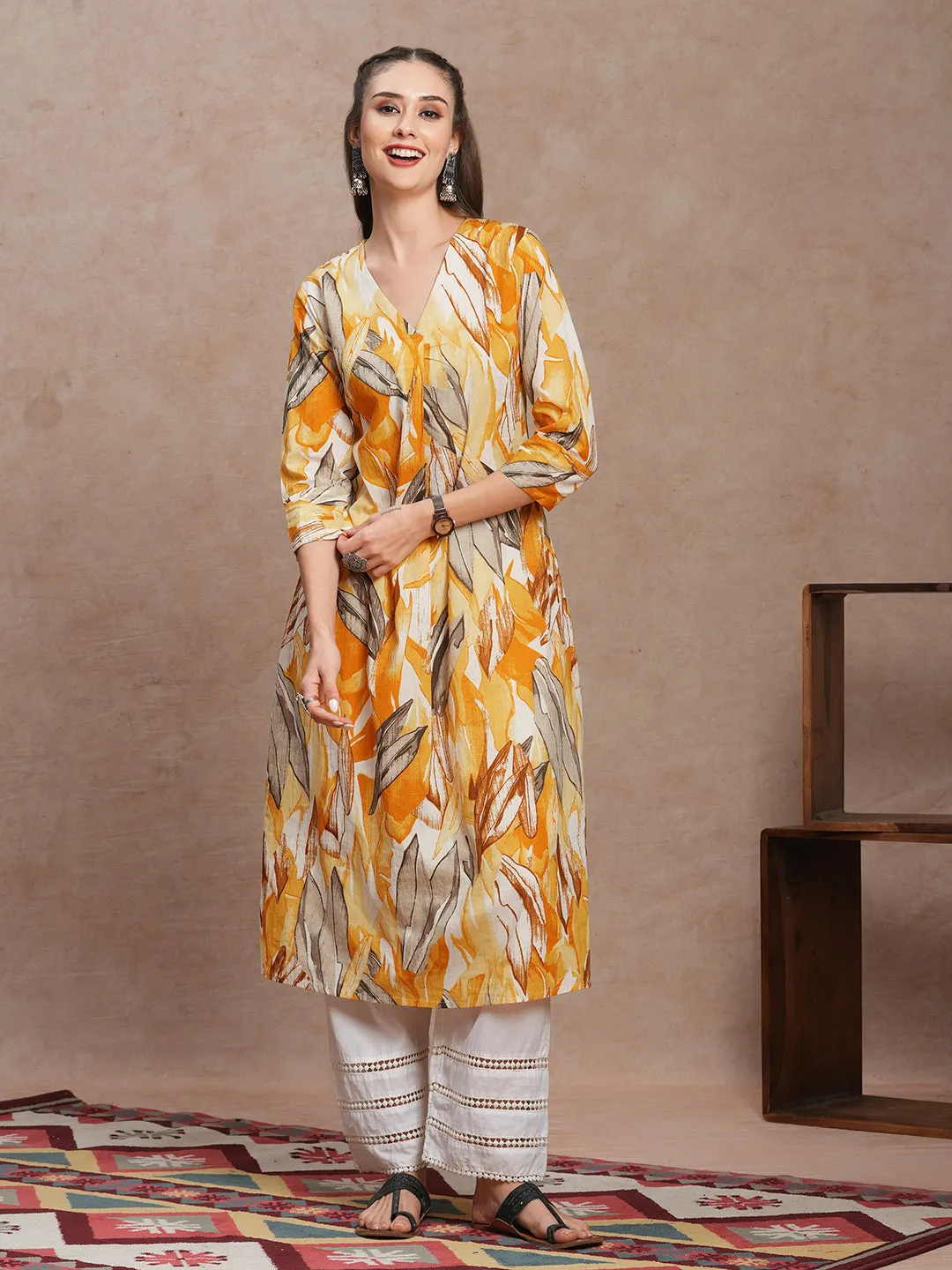 Abstract Floral Printed A-Line Kurta - Yellow