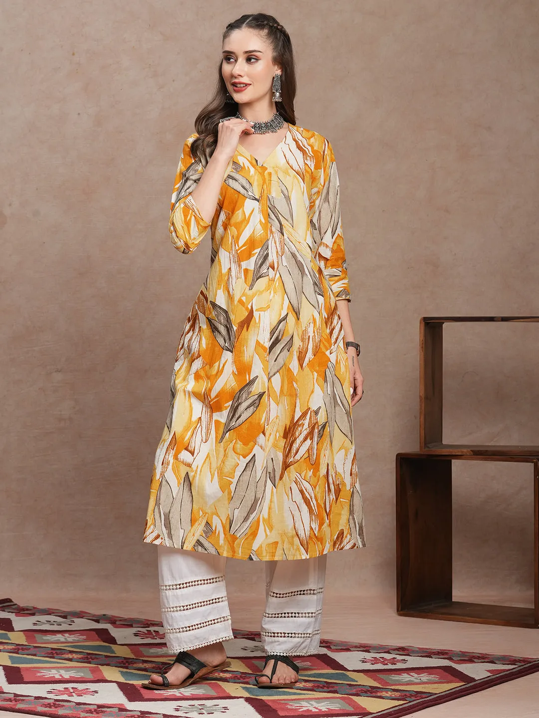 Abstract Floral Printed A-Line Kurta - Yellow