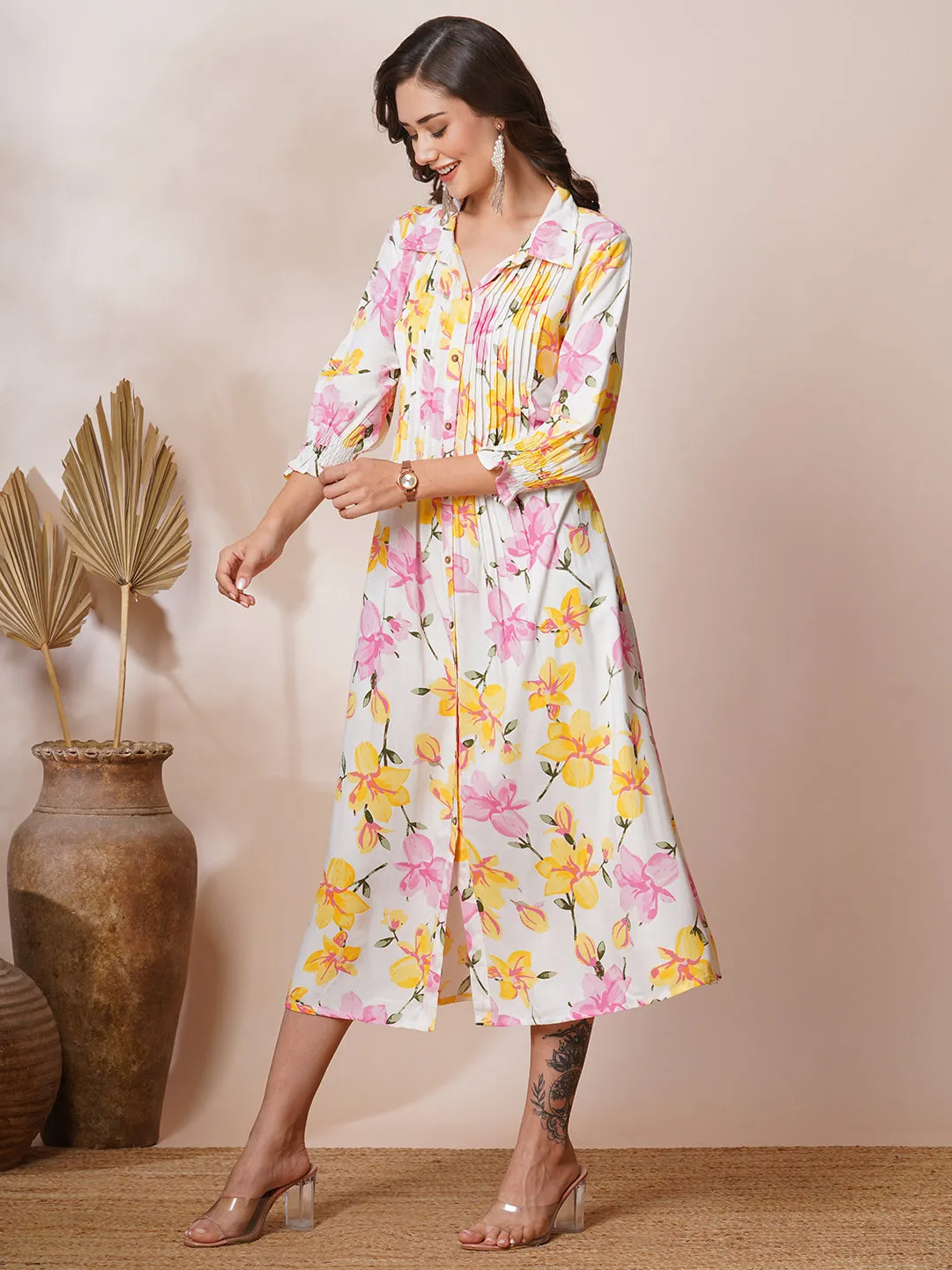 Abstract Floral Printed A-Line Pleated Maxi Dress - Multi