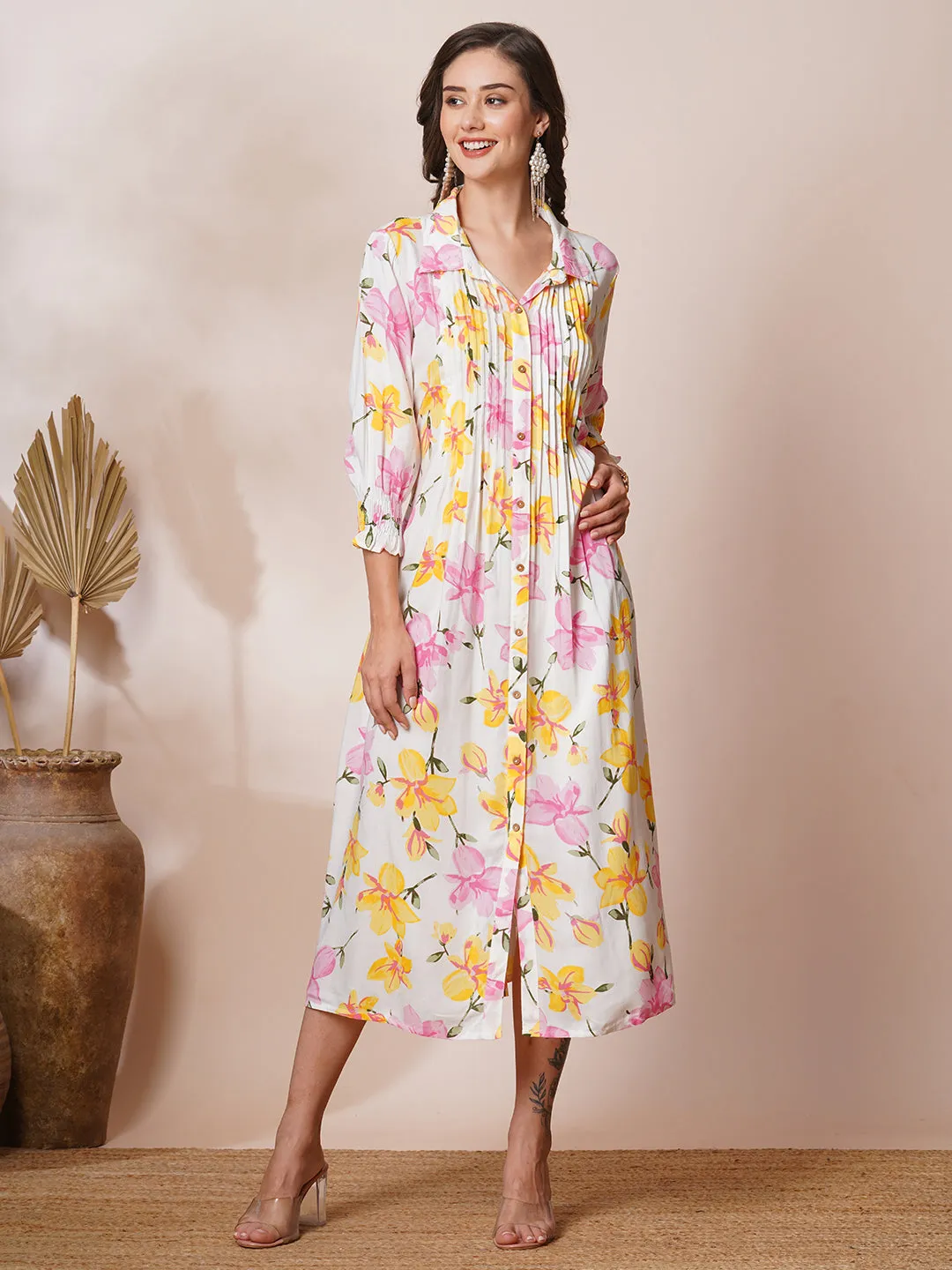 Abstract Floral Printed A-Line Pleated Maxi Dress - Multi