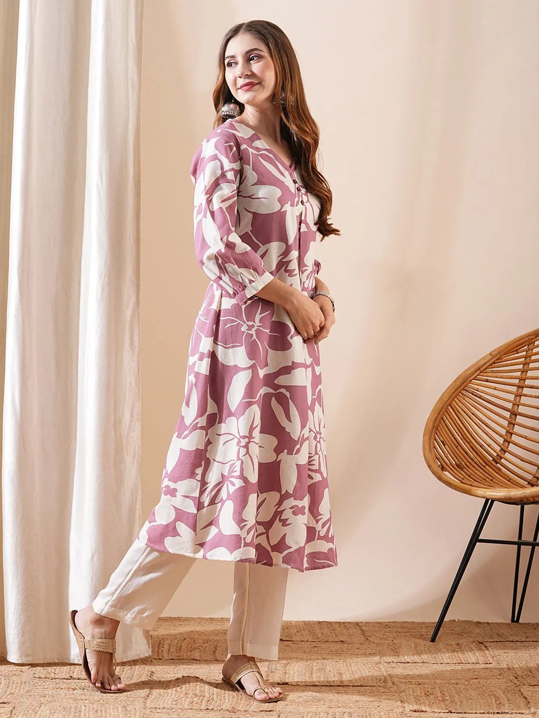 Abstract Printed A-Line Flared Kurta - Mauve