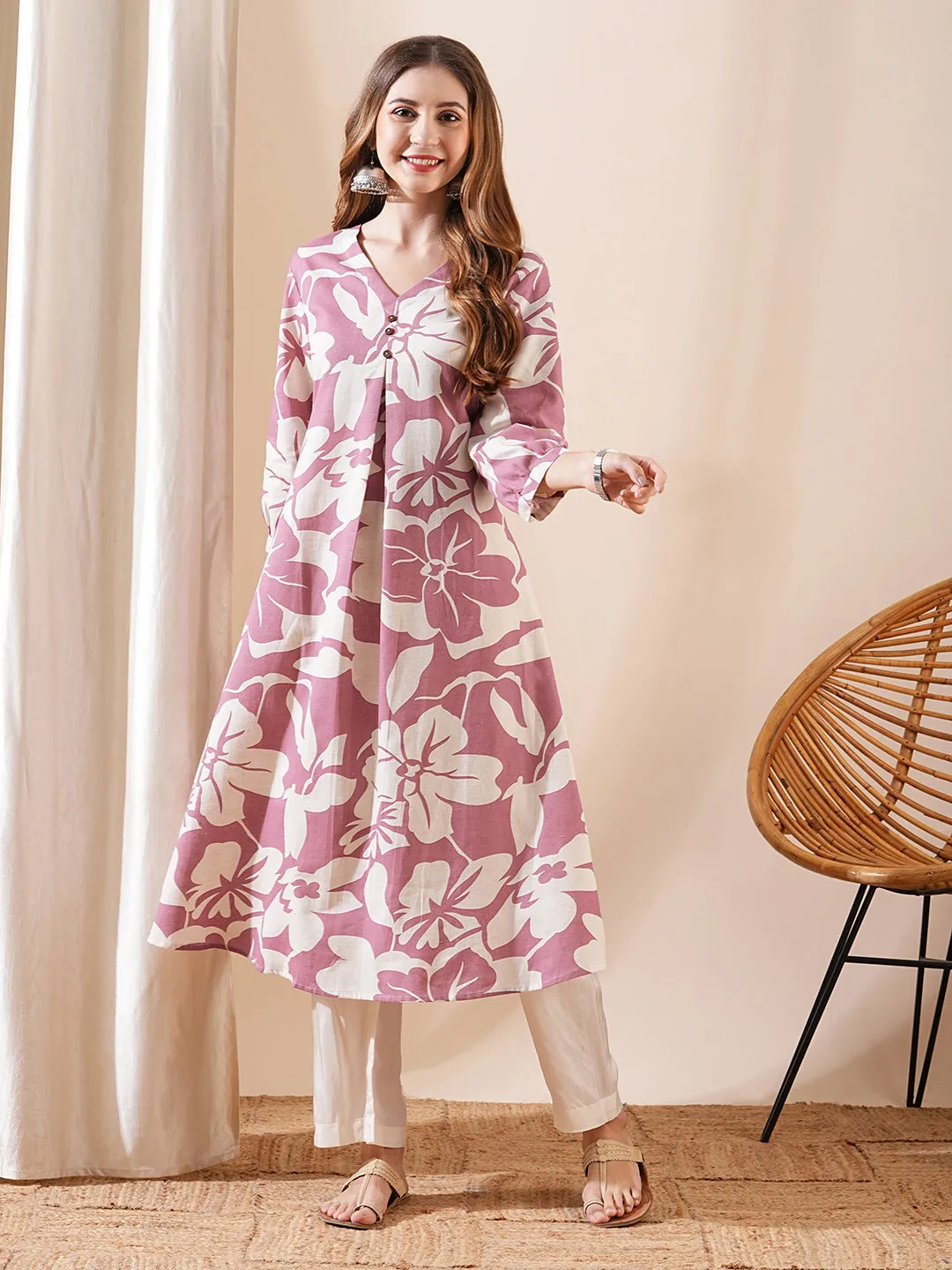 Abstract Printed A-Line Flared Kurta - Mauve