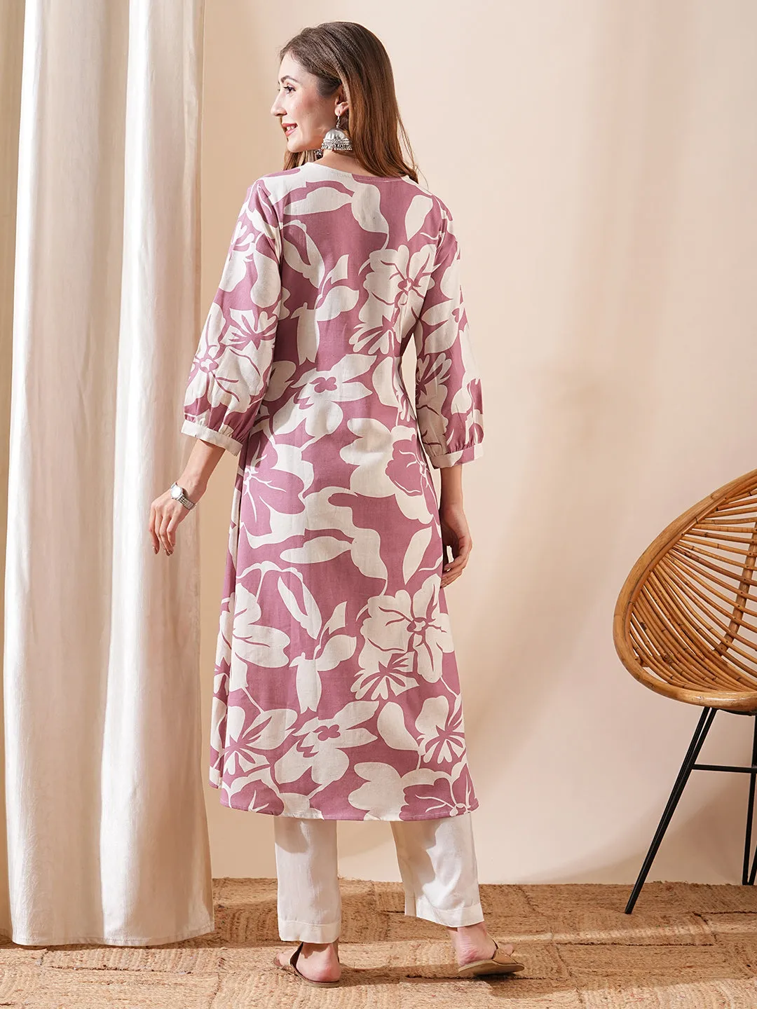 Abstract Printed A-Line Flared Kurta - Mauve