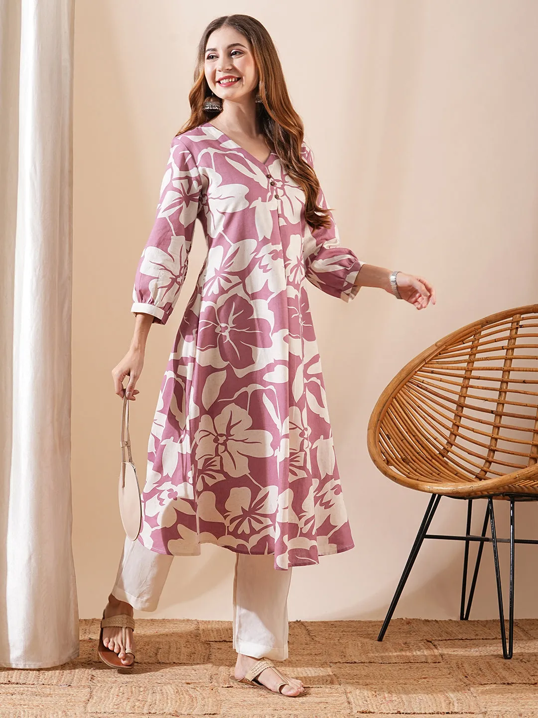 Abstract Printed A-Line Flared Kurta - Mauve