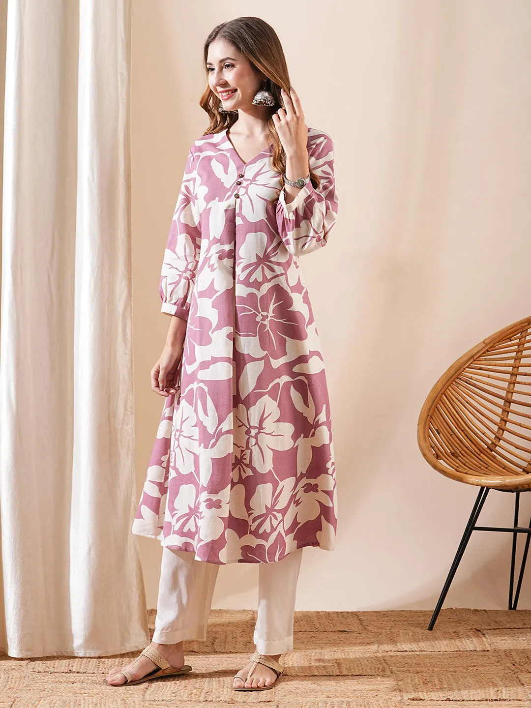 Abstract Printed A-Line Flared Kurta - Mauve