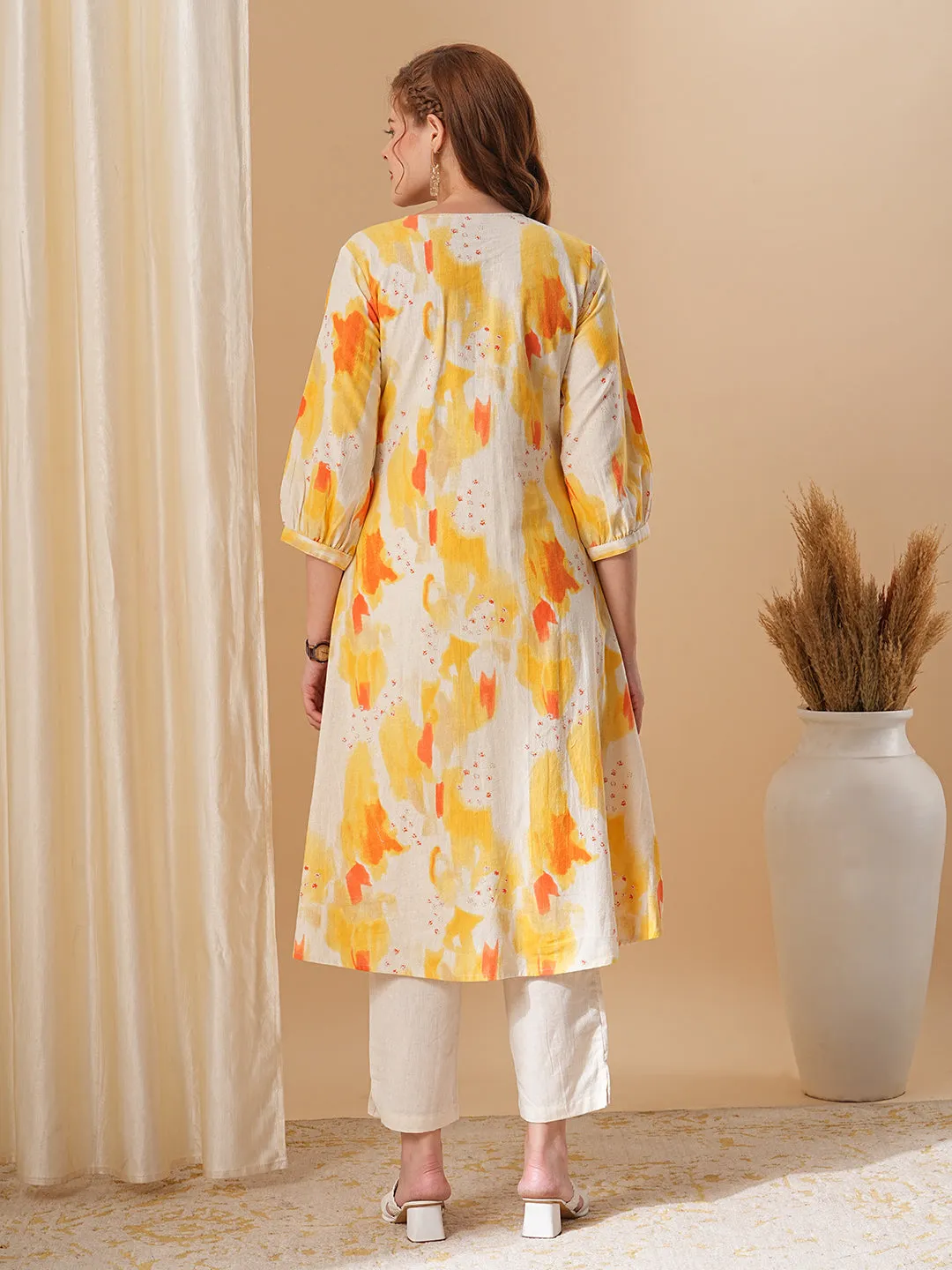 Abstract Printed A-Line Flared Kurta with Pant - Yellow