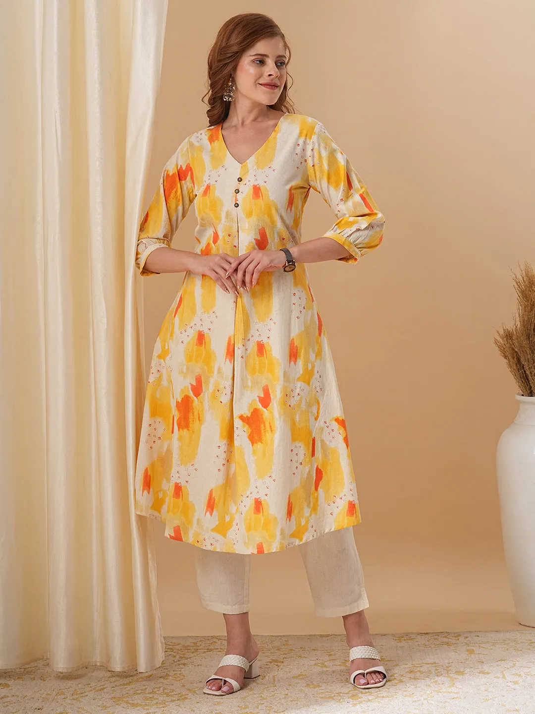 Abstract Printed A-Line Flared Kurta with Pant - Yellow