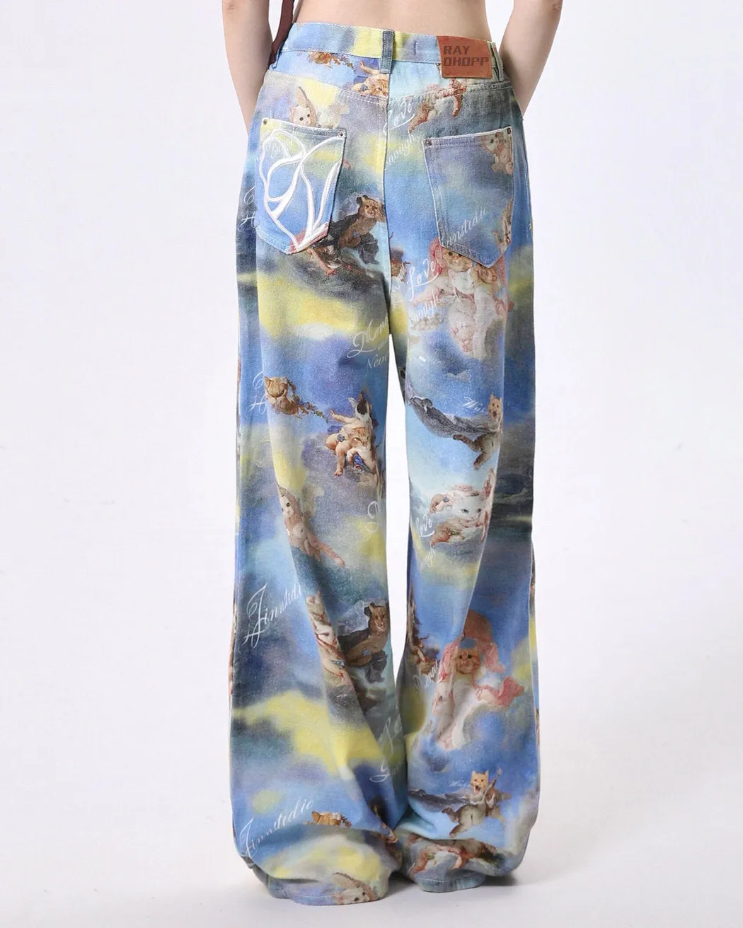 Angel Cat Print Wide-Leg Pants