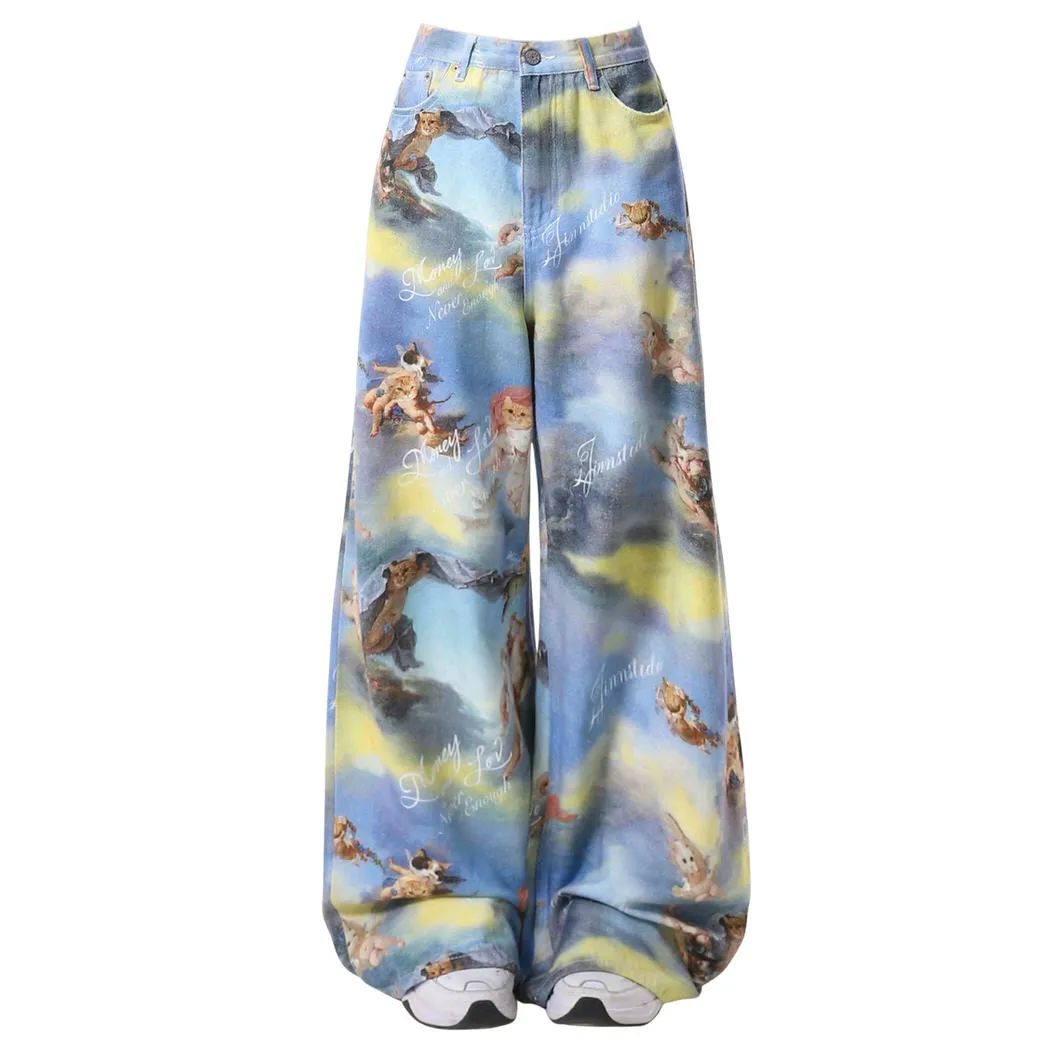 Angel Cat Print Wide-Leg Pants