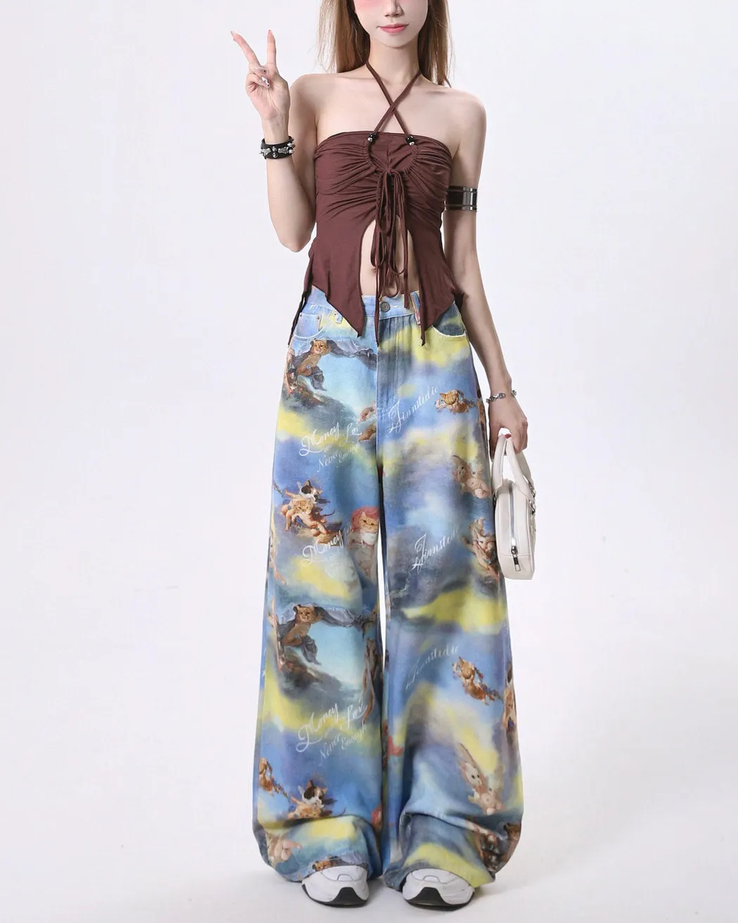 Angel Cat Print Wide-Leg Pants