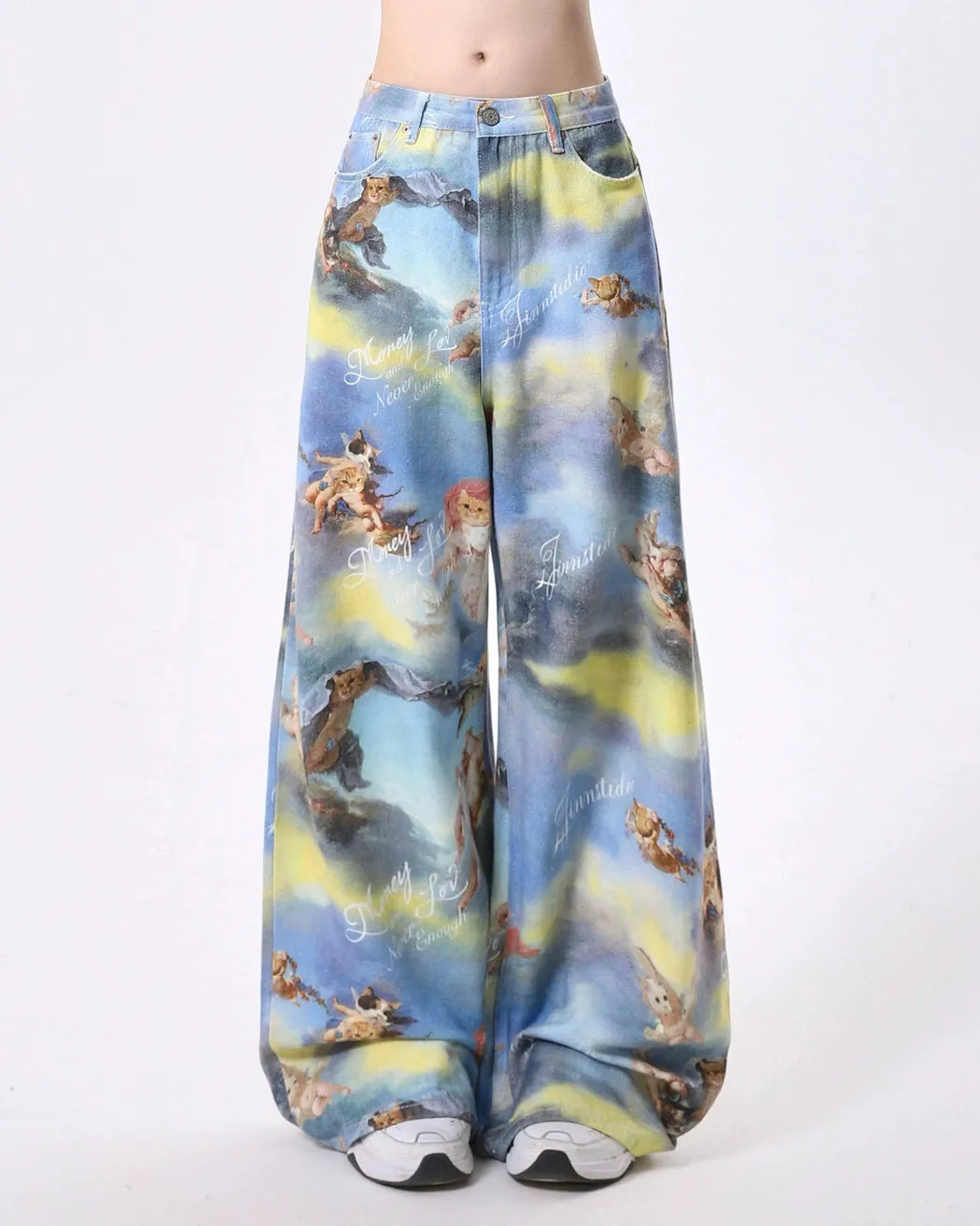 Angel Cat Print Wide-Leg Pants