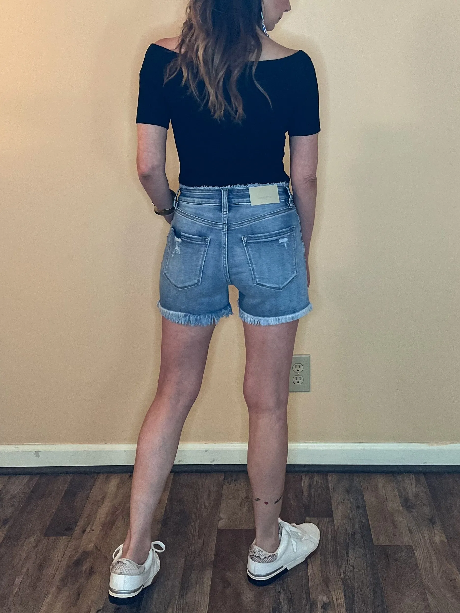 Bailey High Rise Crossover Denim Shorts