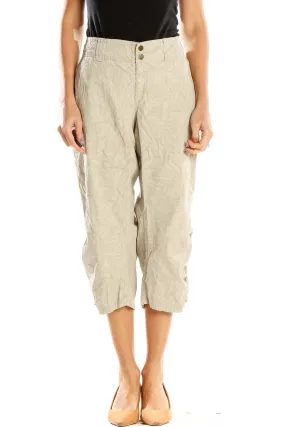 Beige Cropped Linen Blend Pants