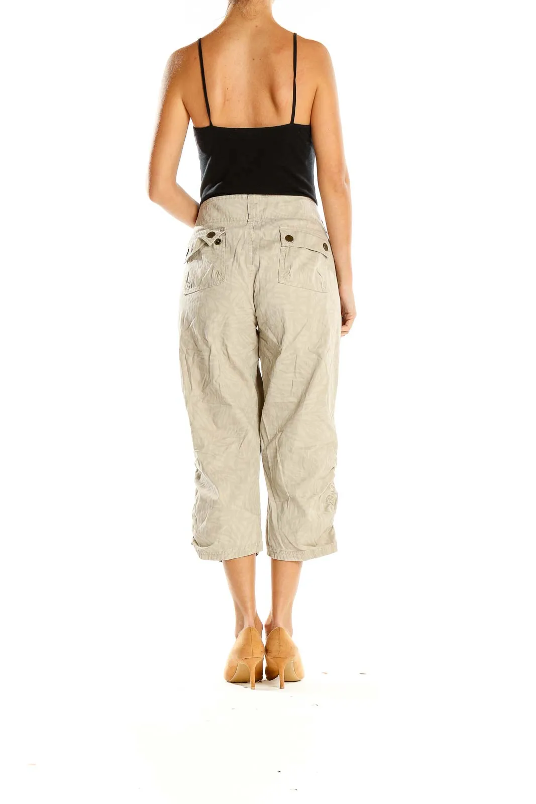 Beige Cropped Linen Blend Pants