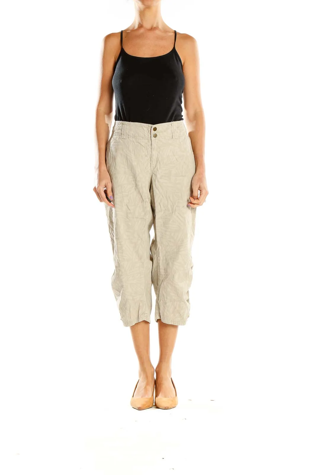 Beige Cropped Linen Blend Pants