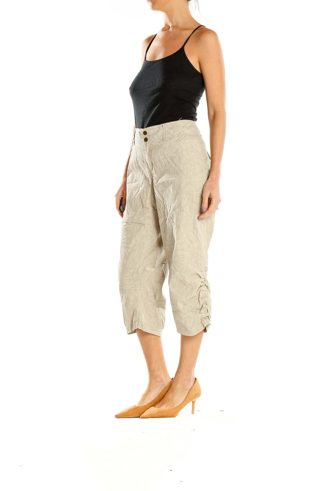 Beige Cropped Linen Blend Pants