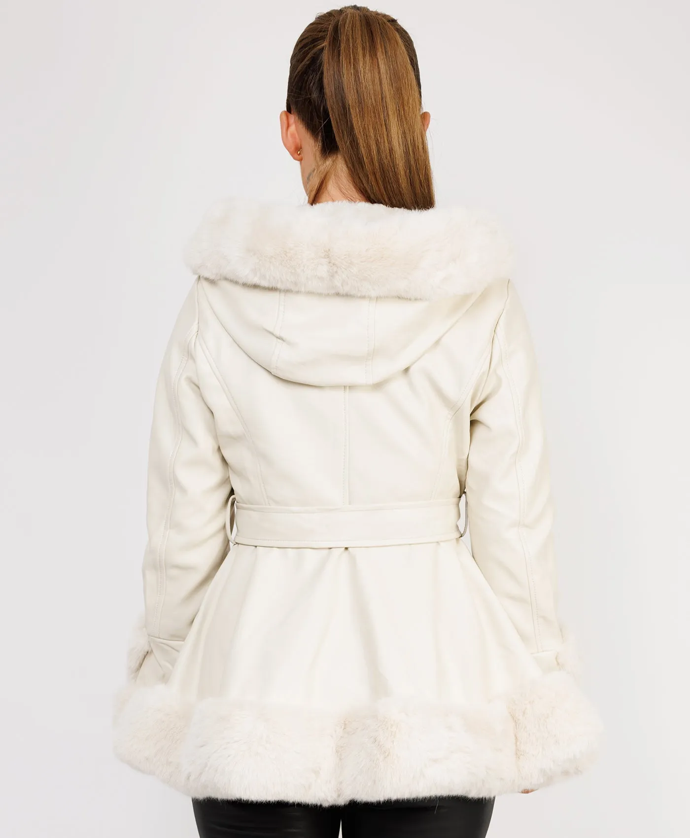 Beige Faux Fur Vegan Leather Hooded Swing Coat Jacket