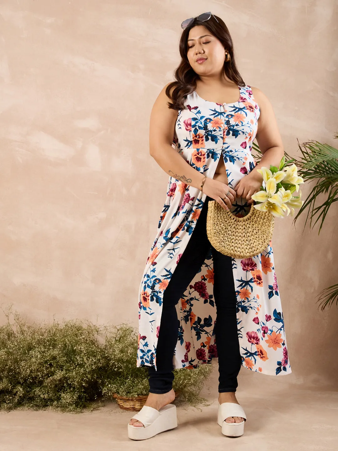 Berrylush Curve Women White, Blue, & Orange Floral Printed Round Neck Sleeveless Front-Slit Flared A-Line Calf-Length Kurta