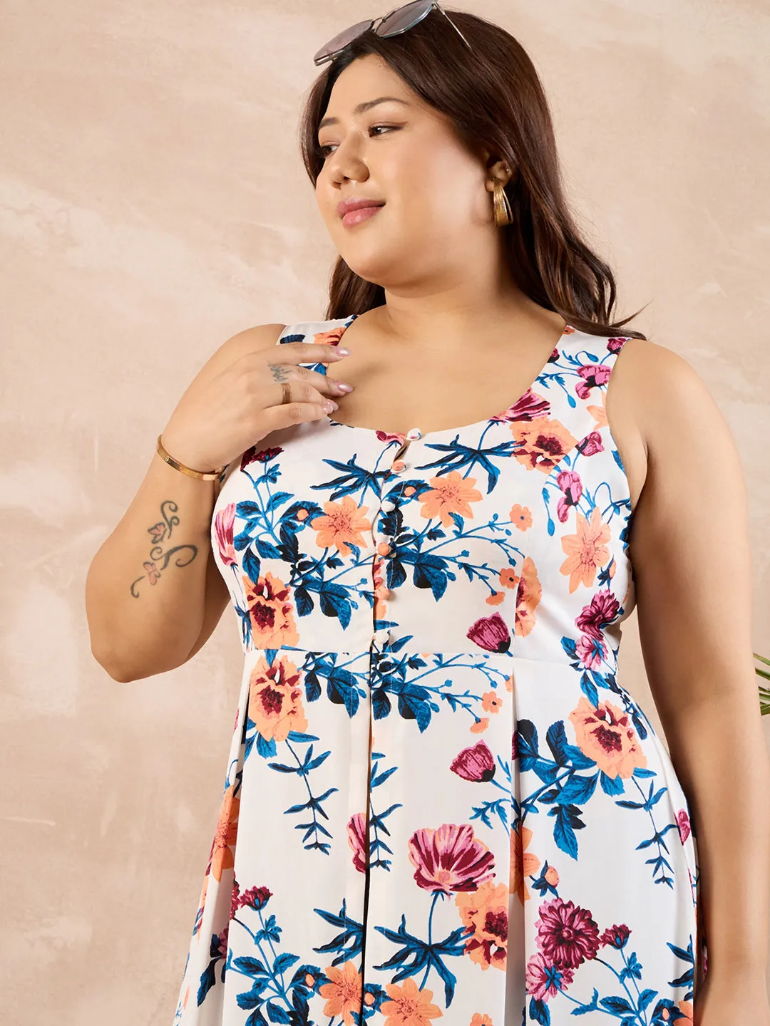 Berrylush Curve Women White, Blue, & Orange Floral Printed Round Neck Sleeveless Front-Slit Flared A-Line Calf-Length Kurta