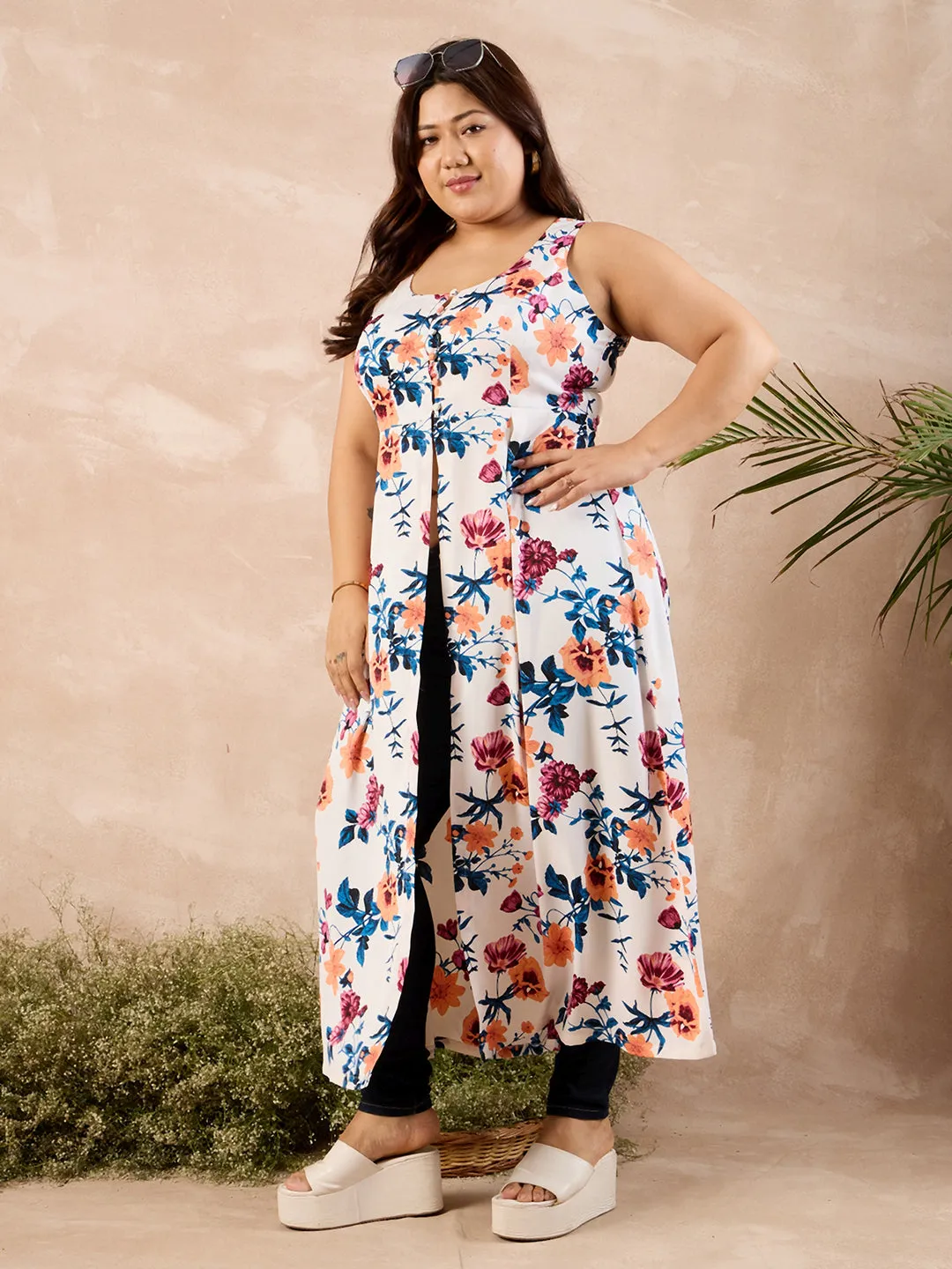 Berrylush Curve Women White, Blue, & Orange Floral Printed Round Neck Sleeveless Front-Slit Flared A-Line Calf-Length Kurta