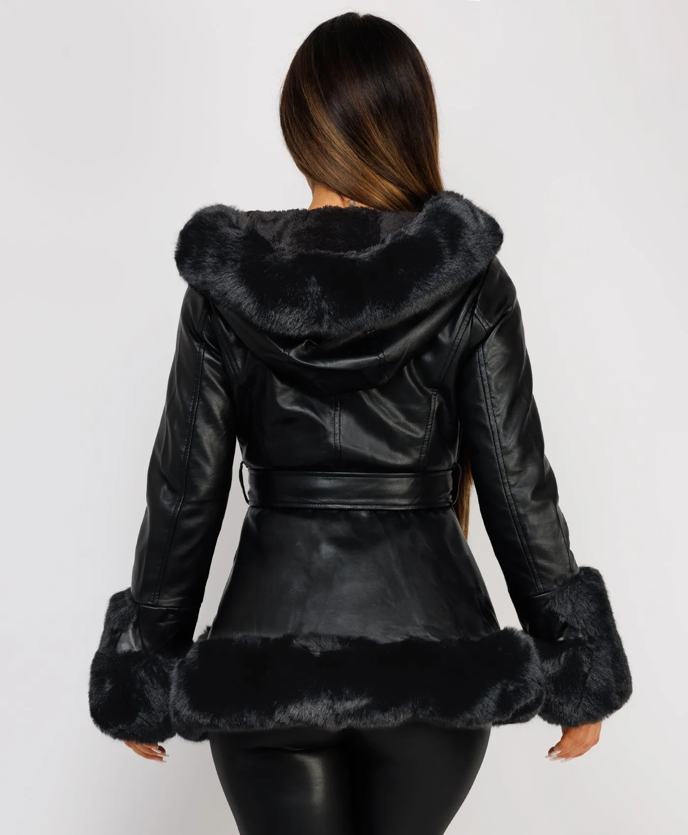 Black Faux Fur Vegan Leather Hooded Swing Coat Jacket