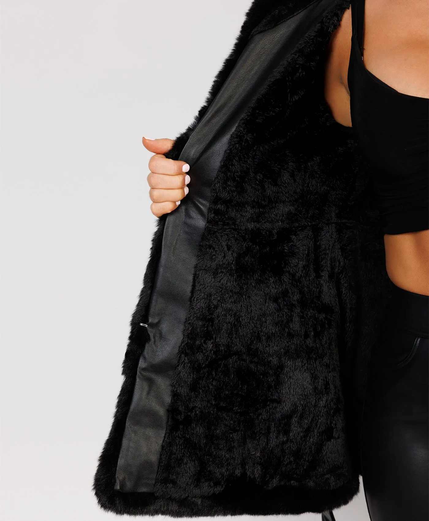 Black Faux Fur Vegan Leather Hooded Swing Coat Jacket