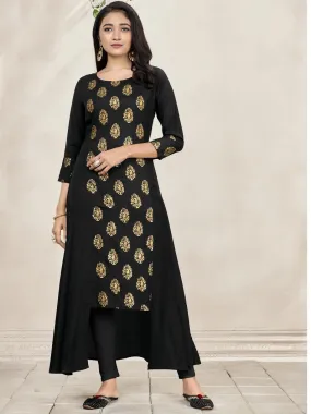 Black Foil Print Side Panel Flared Kurti