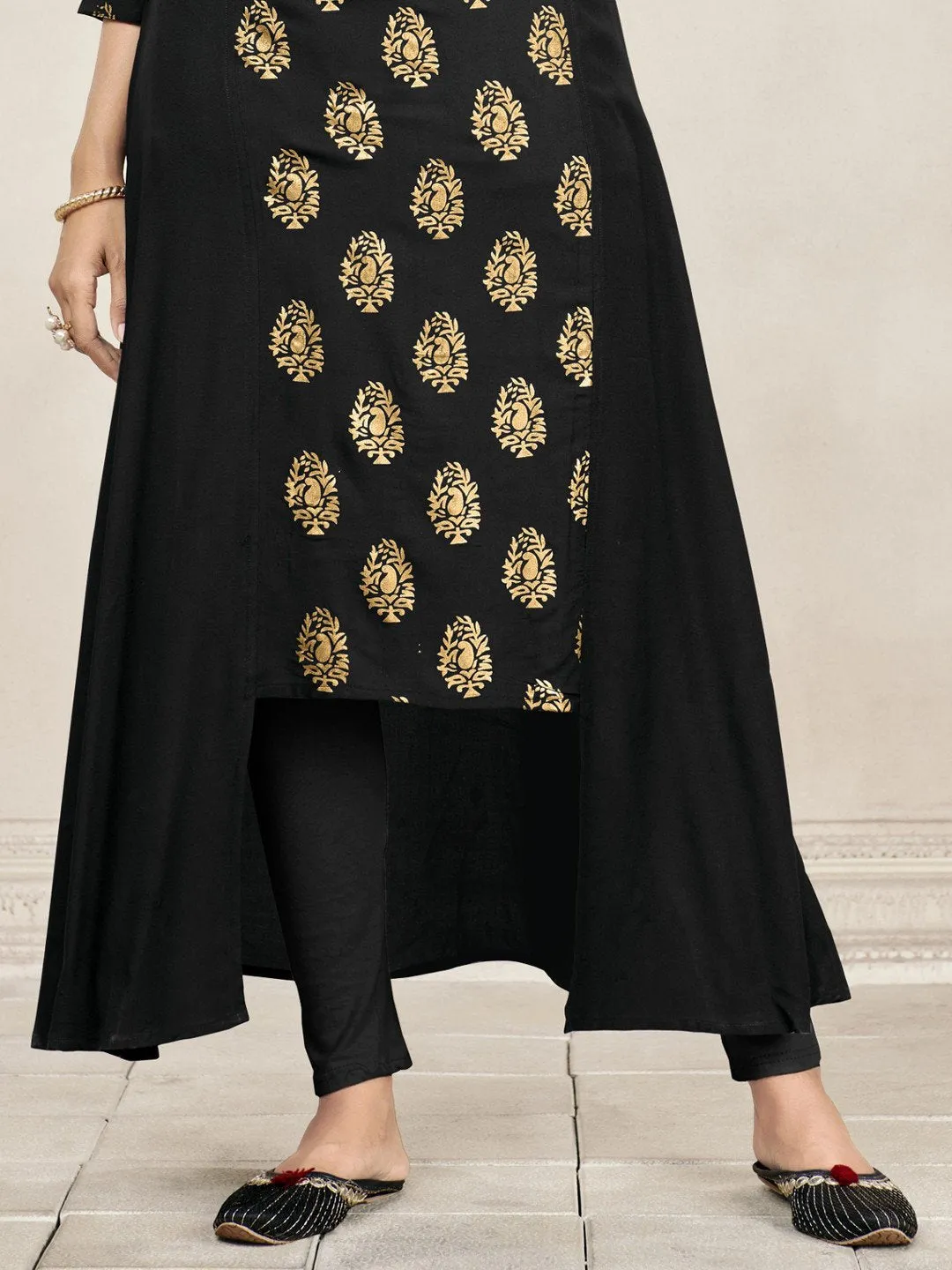 Black Foil Print Side Panel Flared Kurti