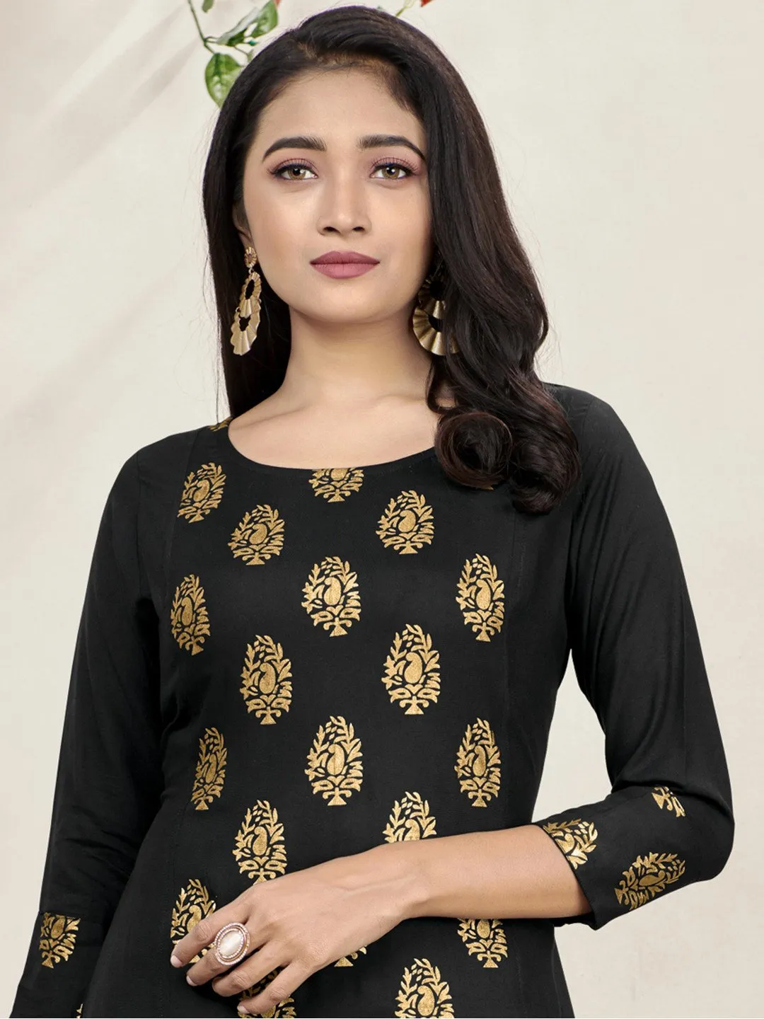 Black Foil Print Side Panel Flared Kurti