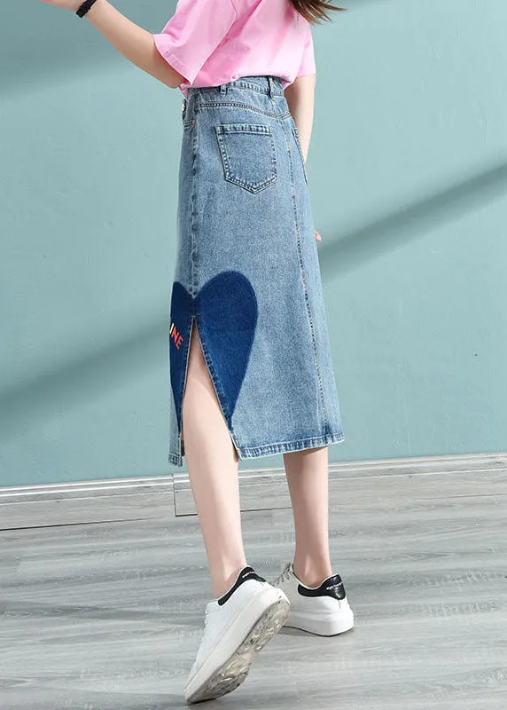 Blue Love Printing Wrap Cotton Denim Skirt High Waist Pockets