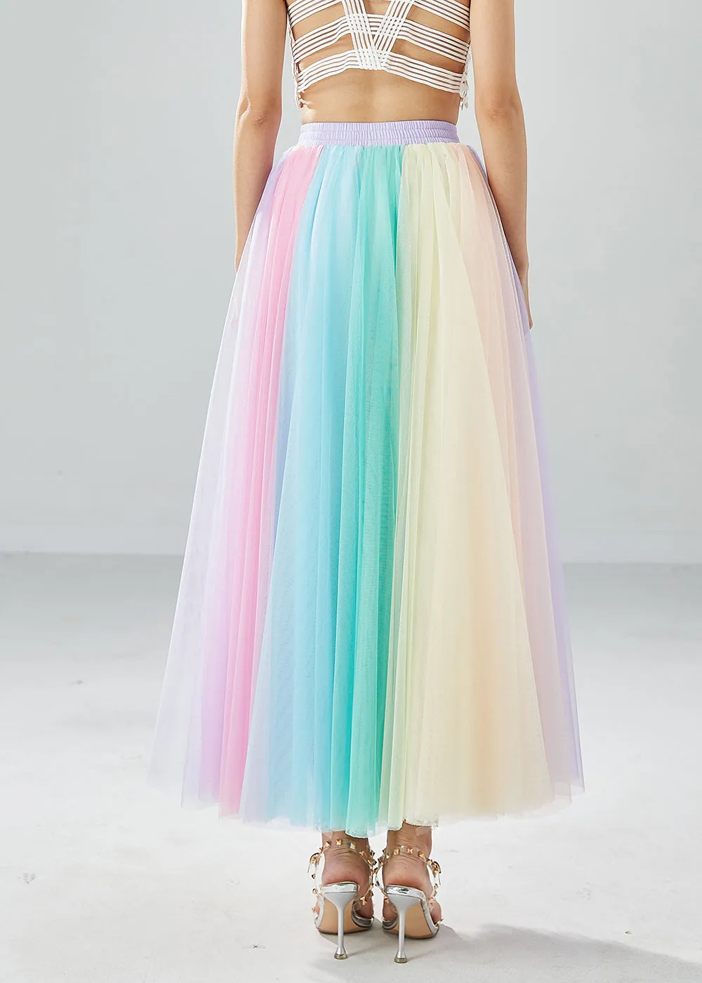 Boho Rainbow Elastic Waist Exra Large Hem Tulle Pleated Skirts Summer LY6079