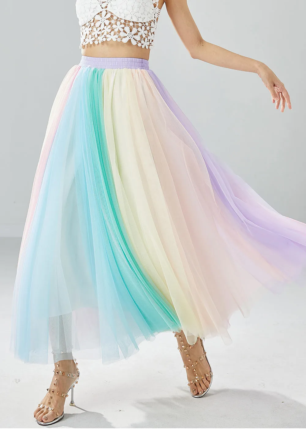 Boho Rainbow Elastic Waist Exra Large Hem Tulle Pleated Skirts Summer LY6079