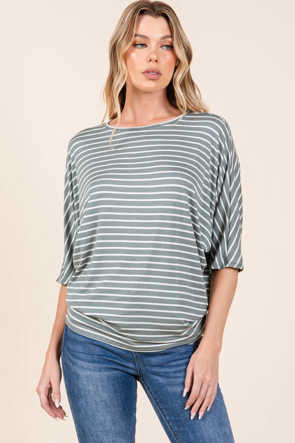 BOMBOM Striped Boat Neck Dolman Sleeve Top