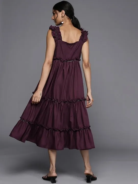 Burgundy Ethnic A-Line Midi Dress