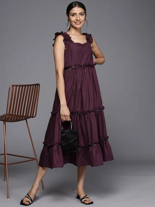 Burgundy Ethnic A-Line Midi Dress