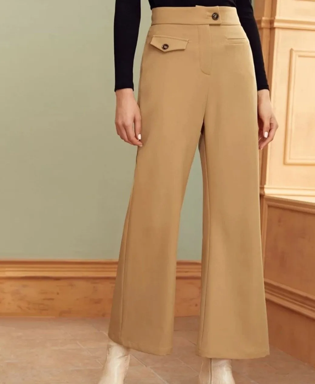 Button Detail Wide Leg Pants