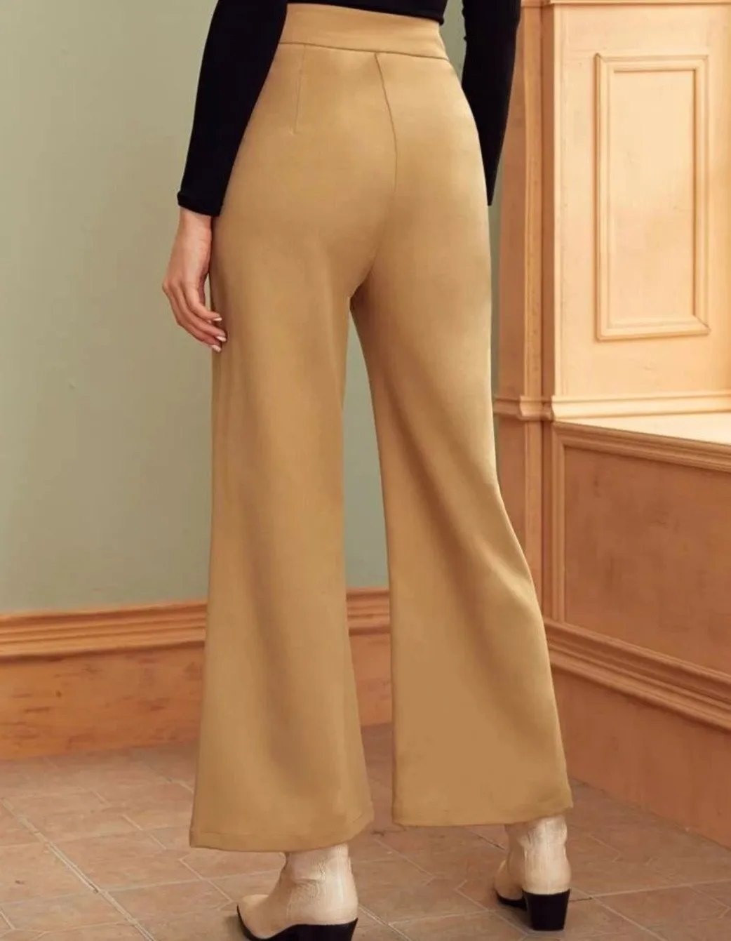 Button Detail Wide Leg Pants