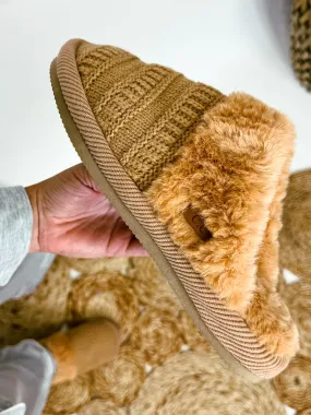 C.C Ribbed Pattern Knitted Slippers with Faux Fur Lining in Camel