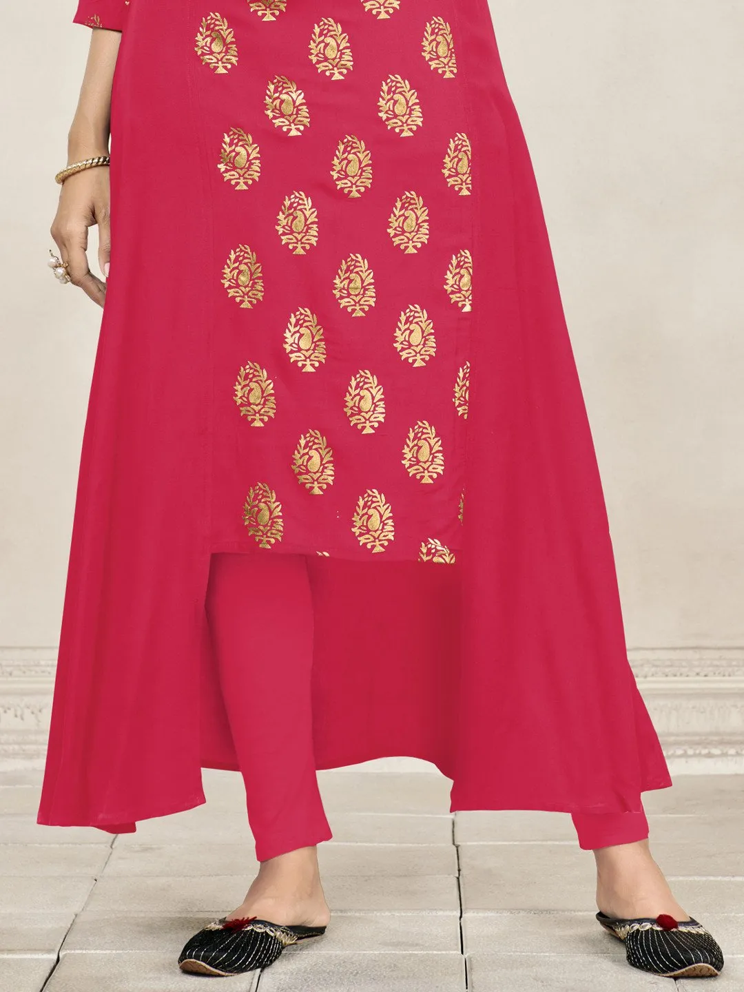 Coral Pink Foil Print Side Panel Flared Kurti