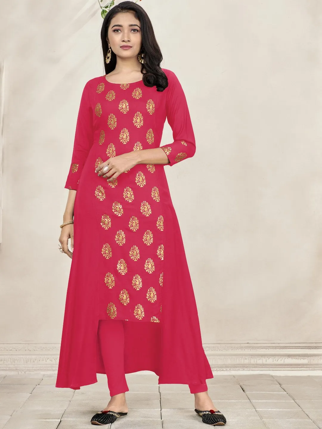 Coral Pink Foil Print Side Panel Flared Kurti