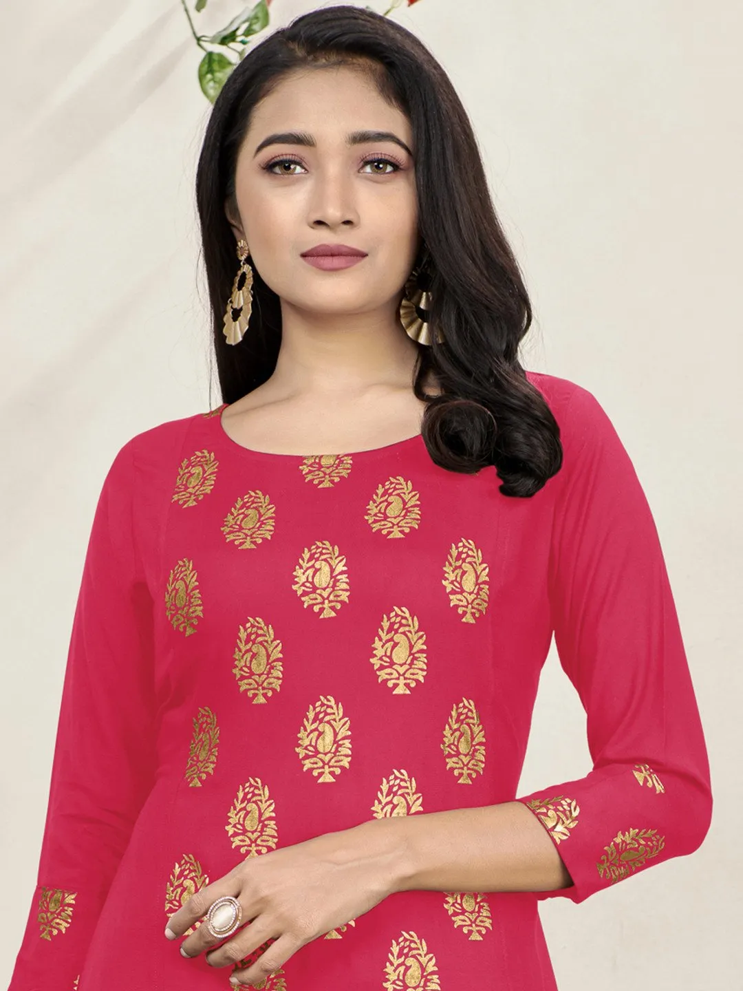 Coral Pink Foil Print Side Panel Flared Kurti